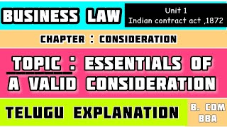 Essentials of a Valid Consideration👈In teluguConsideration chapter in teluguBusiness law [upl. by Hewitt]