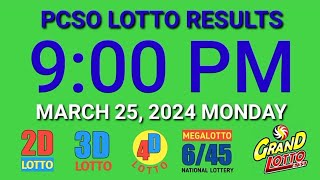 9pm Lotto Results Today March 25 2024 Monday pcso ez2 swertres 2d 3d 4d 645 655 [upl. by Gone]