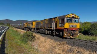 TasRail TR15 2053 45 empty coal train alongside the Esk Highway heading [upl. by Adnarom]