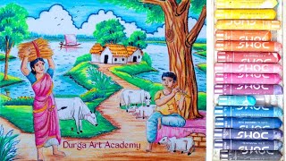 Beautiful Indian Village Scenery Drawing With Oil Pastel Village Drawing Durga Art Academy [upl. by Liv]