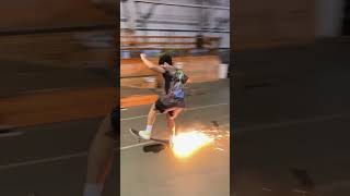 Skater is showing how a small plate installed under his board can create sparks [upl. by Zohara701]