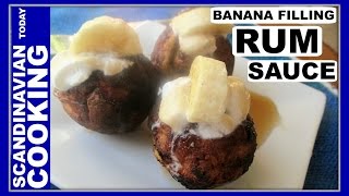 Æbleskiver ♥ How to Make Danish Aebleskiver with Banana Filling and Rum Sauce [upl. by Valle829]