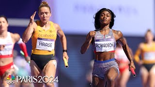 ShaCarri Richardson anchors USA to 4x100m relay final despite slow second exchange  Paris Olympics [upl. by Morty]