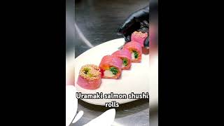 Uramaki shushi rolls sushistyle japanesefood food sushi salmon cooking decoration recipe [upl. by Korenblat]