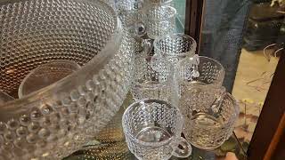 Glass Hobnail Glass Punch bowl with matching 12 hobnail glass cups it comes with a glass ladle [upl. by Jurgen]