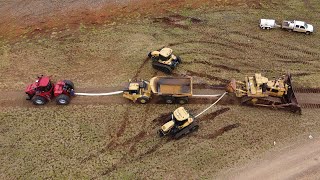 Big D11 Bulldozer Drags Tractors and Dump Truck [upl. by Jarin]