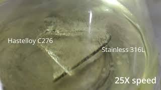 Demonstration of stainless 316L corrosion compared to Hastelloy in concentrated hydrochloric acid [upl. by Pinchas674]