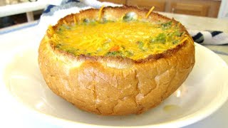 Cream of Broccoli Soup in a Toasted Bread Bowl with Cheese  PoorMansGourmet [upl. by Hau470]