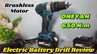 ONEVAN 650N·m 13mm Brushless Electric Drill Unboxing amp Review  Best Cordless Battery Drill Machine [upl. by Arevle]