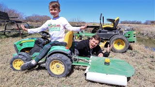 Hudsons new kids mower working on the farm cutting grass and hay  Tractors for kids [upl. by Yalonda]