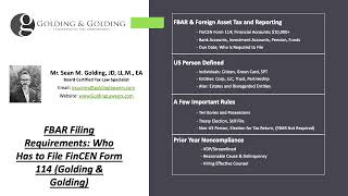 FBAR Filing Requirements Who Files FinCEN Form 114  Golding amp Golding Board Certified Tax Lawyers [upl. by Bayless]