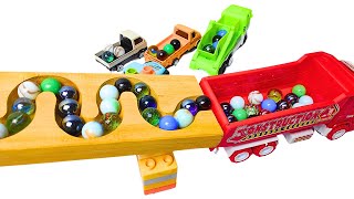 Marble Run Race ☆ BABA Slope amp Retro Makita Bus Truck Police Excavator Garbage Truck Ambulances [upl. by Eirb]