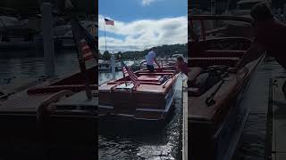 quotEndurancequot classic vintage wooden boat enters slip at Geneva Lakes Antique and Classic Boat Show [upl. by Rame]