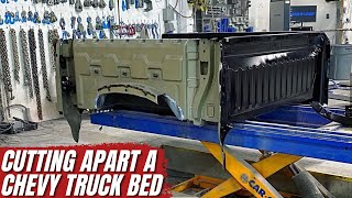 Cutting apart a ChevyTruck bed to replace the side and wheelhouse autobody collision autorepair [upl. by Aenel536]