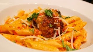 Roasted Red Pepper Penne and Meatballs  Cooked by Julie  Episode 89 [upl. by Nawud]