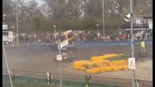 BriSCA F1 Stockcars  Tom Harris WallopStraightIn On A Post Followin Crash  Northampton 10th April [upl. by Notfilc]