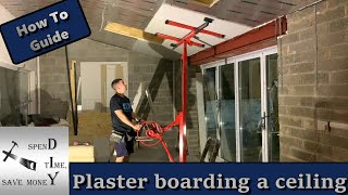 How to plasterboarddrywall a vaulted ceiling on your own With a plasterboard lifter hoist [upl. by Retha985]