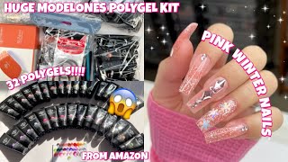 TRYING A HUGE MODELONES POLYGEL NAIL STARTER KIT FROM AMAZON  130 ITEMS  BEGINNER POLYGEL KIT [upl. by Skip]