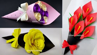 3 DIY Paper Flower BOUQUETBirthday Gift ideasFlower Bouquet making at Home [upl. by Placeeda453]