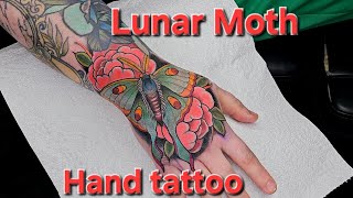 Lunar Moth Hand Tattoo  close up tattooing [upl. by Bordiuk]