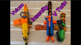 Nerf Vulcan VS X Shot Insanity Rage Fire VS Adventure Force V Twin  belt fed blaster compilation [upl. by Rondon]