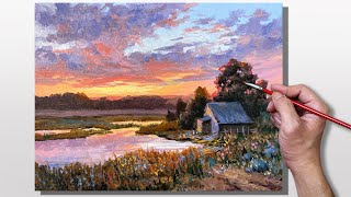 Acrylic Painting River Sunset Landscape [upl. by Gentes335]