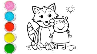 Peppa pig with fox 🦊 drawing and colouring for kids and toddlers  easy Peppa pig drawing [upl. by Nilcaj]