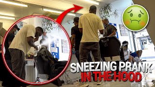 SNEEZING PRANK IN THE HOOD BARBER SHOP [upl. by Yennor778]