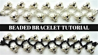 DIY Floral Bracelets How to make a black and white beaded bracelet with pearls [upl. by Annoynek]