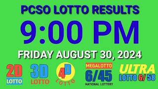 9pm Lotto Results Today August 30 2024 ez2 swertres 2d 3d pcso [upl. by Daniel]