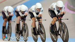 US womens pursuit team sets a national record en route to gold medal race  Paris Olympics [upl. by Ahsam]