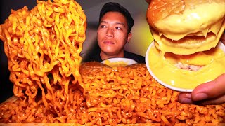 ASMR CARBONARA FIRE NOODLES amp CHEESY Chicken Burgers Mukbang  Mukbang Philippines  ASMR Mukbang [upl. by Nahtnoj788]