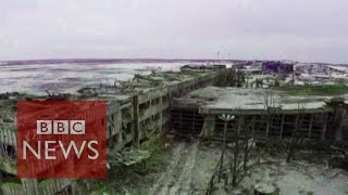 Drone footage shows destroyed Donetsk airport [upl. by Htessil]