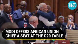 G20 Summit PM Modi Hugs African Union Chief Amid Thunderous Applause By World Leaders  Watch [upl. by Ahsiekyt713]