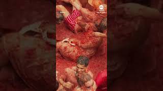 Revelers throw tomatoes in Spains La Tomatina festival [upl. by Pollack]