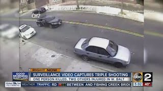 Surveillance video triple shooting in West Baltimore [upl. by Ymer]