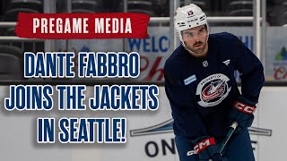 Dante Fabbro joins the Jackets in Seattle Hear from him and Head Coach Dean Evason  Pregame Media [upl. by Pontias795]