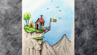 Landscape Scenery Drawing  Colored Pencils and Ink Pencil Sketch Tutorial House Mountains Tree [upl. by Notlim269]