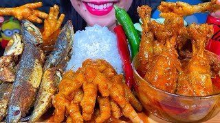 ASMR SPICY CHICKEN CURRY FISH FRY CHICKEN FEET CURRY CHILI RICE MUKBANG MASSIVE Eating Sounds [upl. by Aiuhsoj]