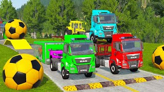 Double Flatbed Trailer Truck vs Speedbumps Train vs Cars Tractor vs Train BeamngDrive [upl. by Ennayram]