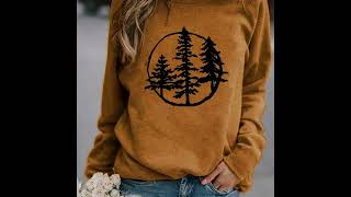 Tree Print Crew Neck TShirt Casual Long Sleeve TShirt For Spring Summer Womens Clothing  Ma [upl. by Bowler483]