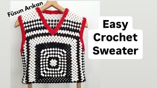 grannysquare örgükazak KOLAY TIĞ İŞİ SÜVETER  ARTAN İPLERİ DEĞERLENDİRELİM  EASY CROCHET [upl. by Laniger979]