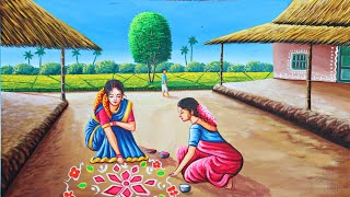 Diwali village scenery drawing and painting  painting 494 [upl. by Ttennaj]