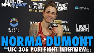 Norma Dumont Talks Irene Aldanas Horrific Cut Path to Title Shot after Sphere Win  UFC 306 [upl. by Ydarb]