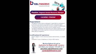 Hiring Regional HR  Company Name  RBL Finserve pvt ltd  Job location📍 chennai [upl. by Enautna]