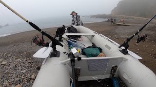 Fishing in Pacific Ocean on saturn inflatable in Fort Ross lingcod rockfish 6hp tohatsu beach launch [upl. by Ecnedac791]