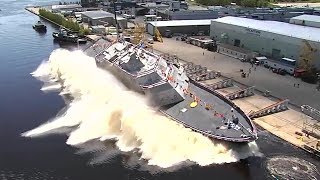 US Navy Launches New Warship Sideways Into Water — USS Billings Christening and Launch [upl. by Koh]