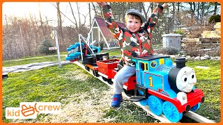 Driving train on backyard railroad to deliver straw and rescue locomotive Educational  Kid Crew [upl. by Euqnimod]