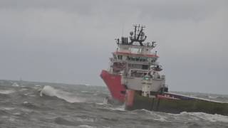 North Sea Oil Supply vessel E R Athina leaving Aberdeen Harbour in heavy swell [upl. by Ailhat835]