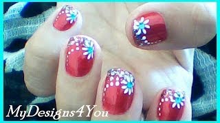 Floral Nail Art for Short Nails  Red Nails Design ♥ [upl. by Enaamuj247]